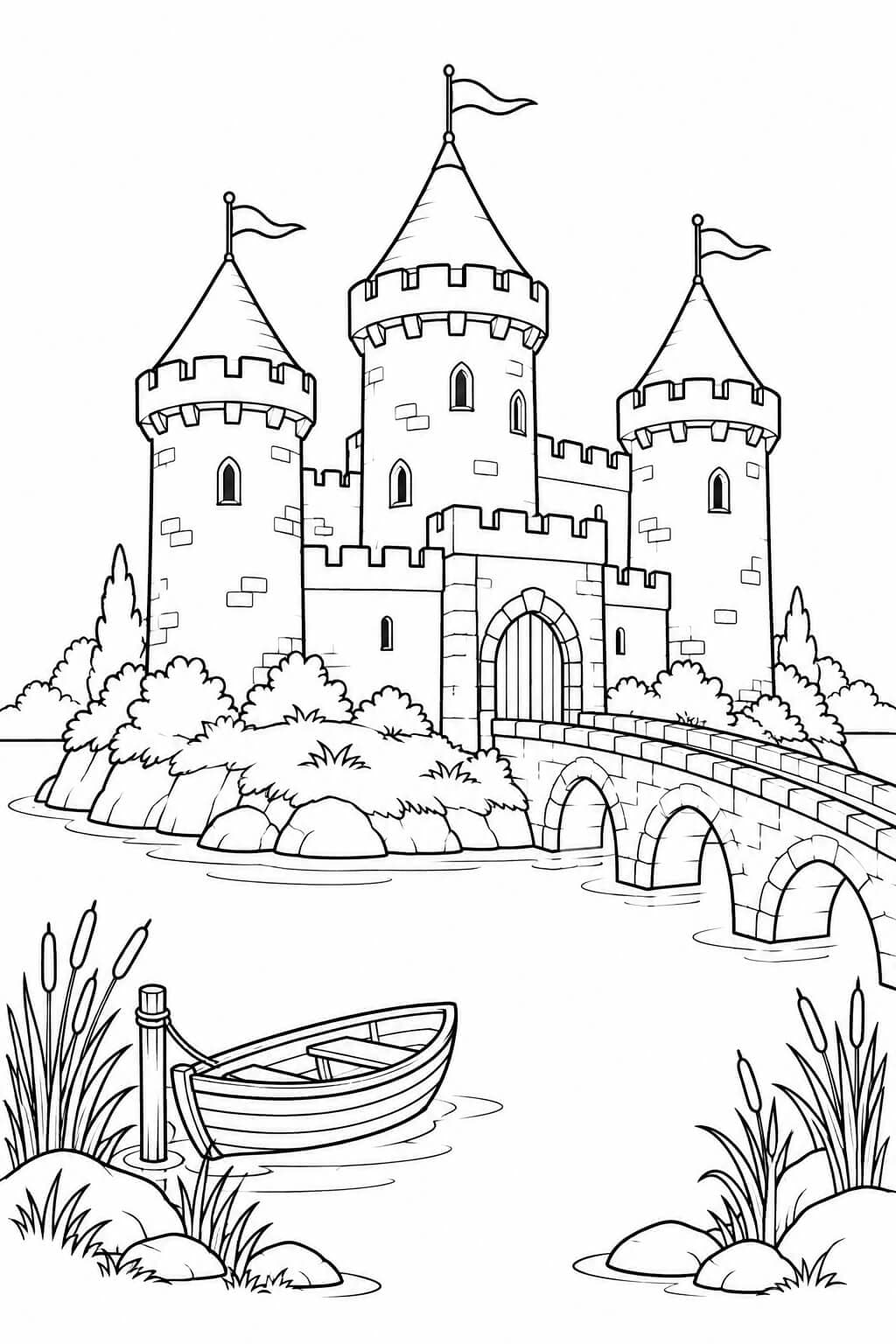 Wasserburg mit einem Ruderboot – Malvorlage in Schwarz-Weiß