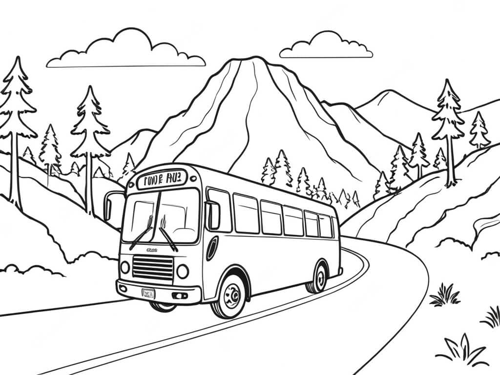 Bus in den Bergen Ausmalbild