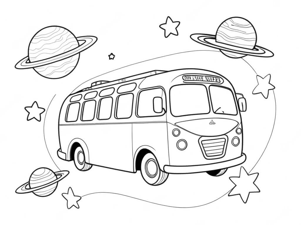 Fliegender Bus im Weltraum Ausmalbild