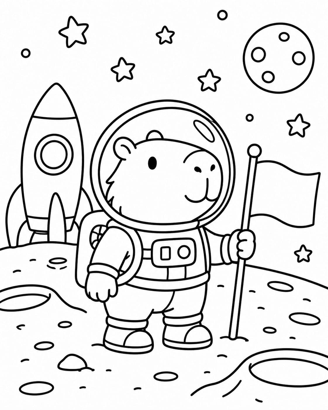 Capybara als Astronaut mit Flagge und Rakete auf einer Mondlandschaft