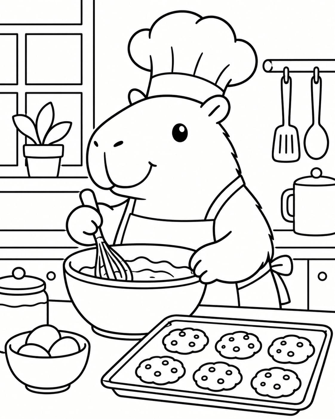 Capybara mit Kochmütze rührt Teig neben einem Blech mit Keksen