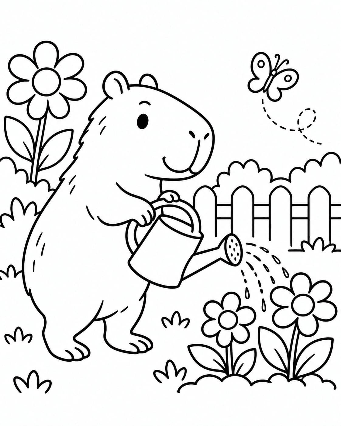 Capybara mit Gießkanne zwischen Blumen vor einem Gartenzaun