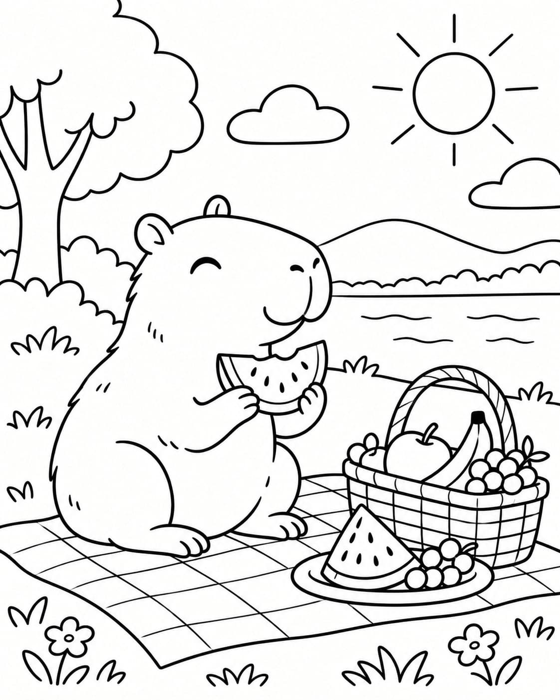 Capybara mit Obst und Picknickkorb auf einer Decke am Wasser