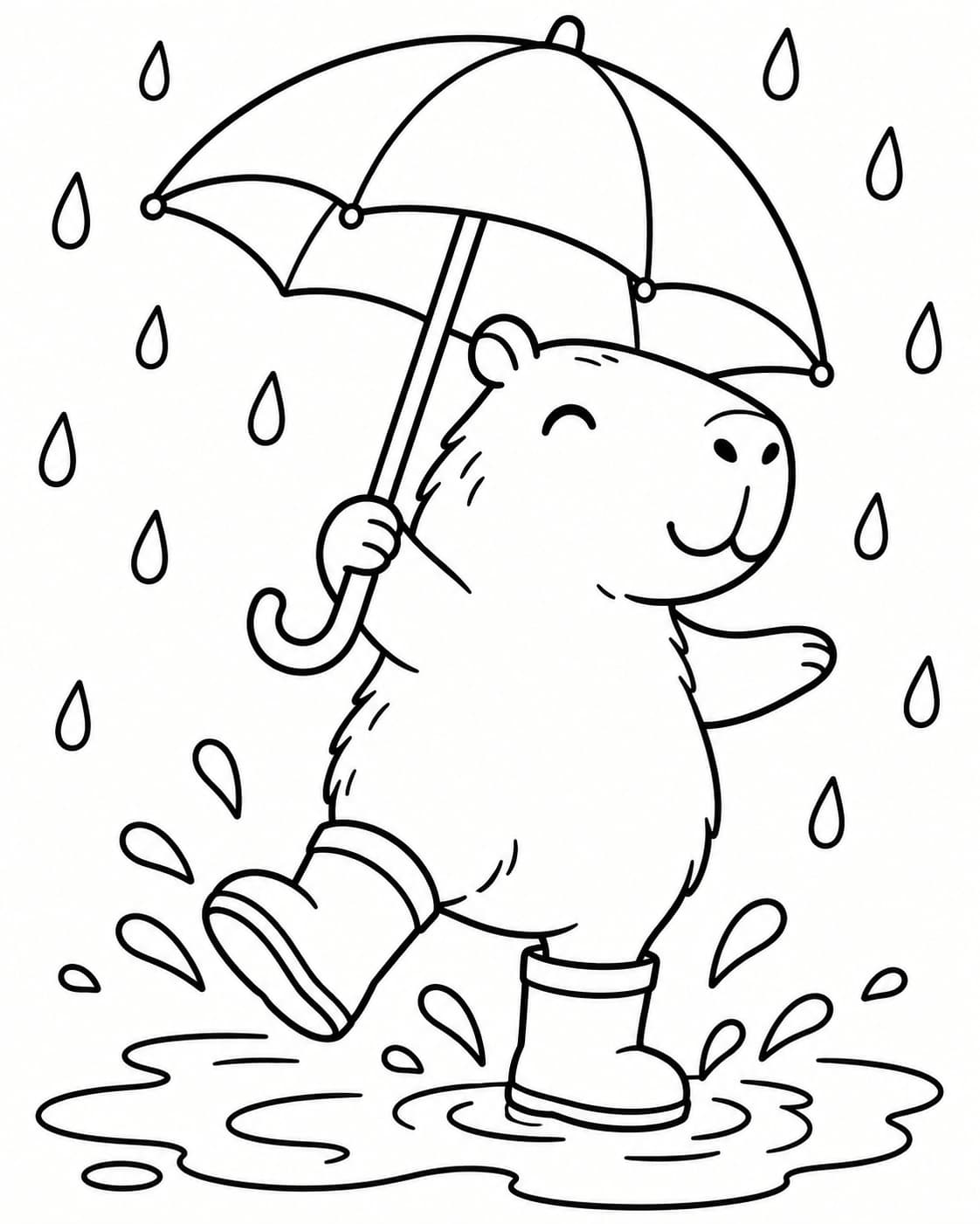 Capybara mit Regenschirm und Gummistiefeln in einer Regenpfütze