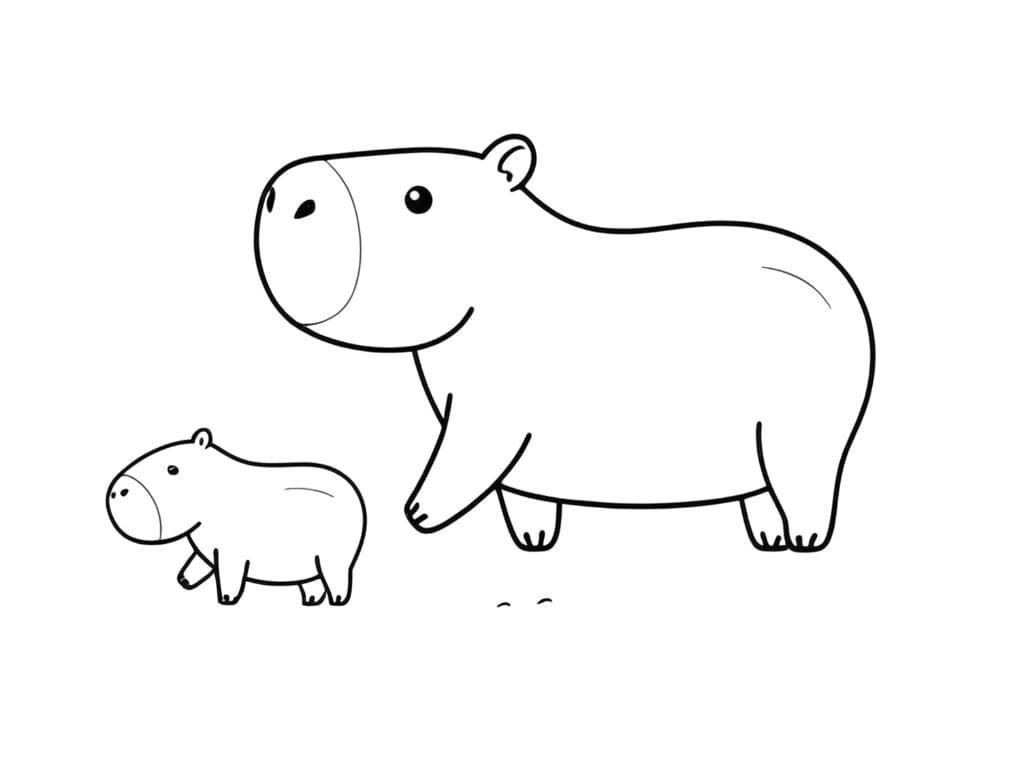 Großes Capybara mit einem kleinen Jungtier als einfache Malvorlage