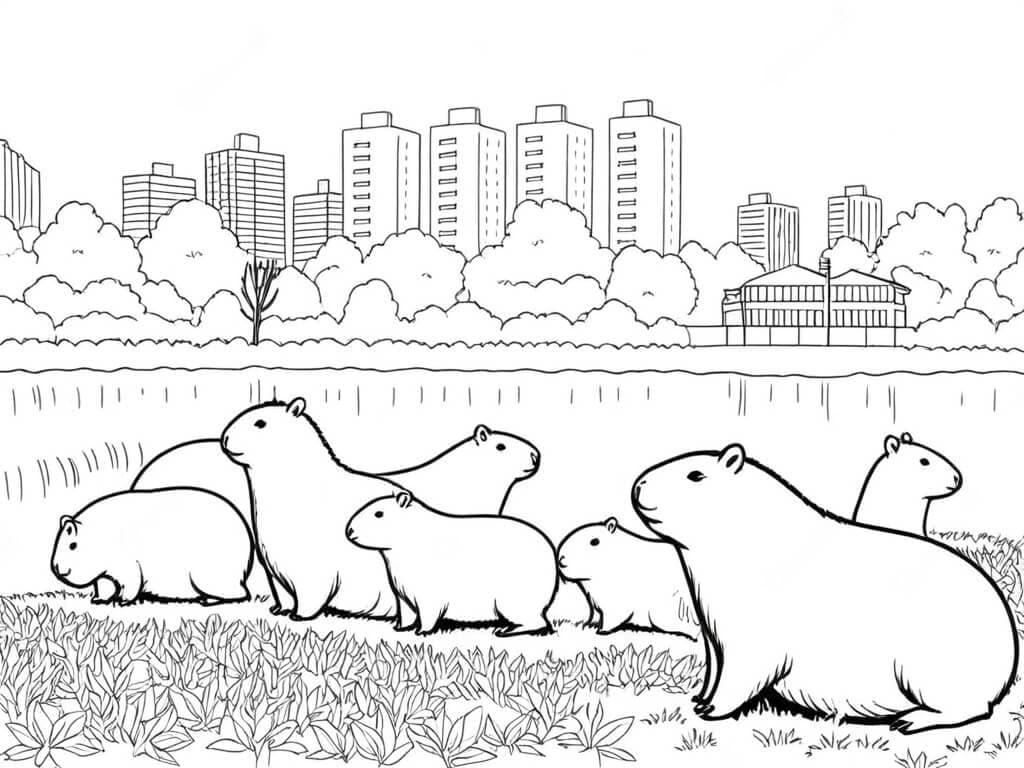 Gruppe von Capybaras im Park am Wasser mit einer Stadt im Hintergrund