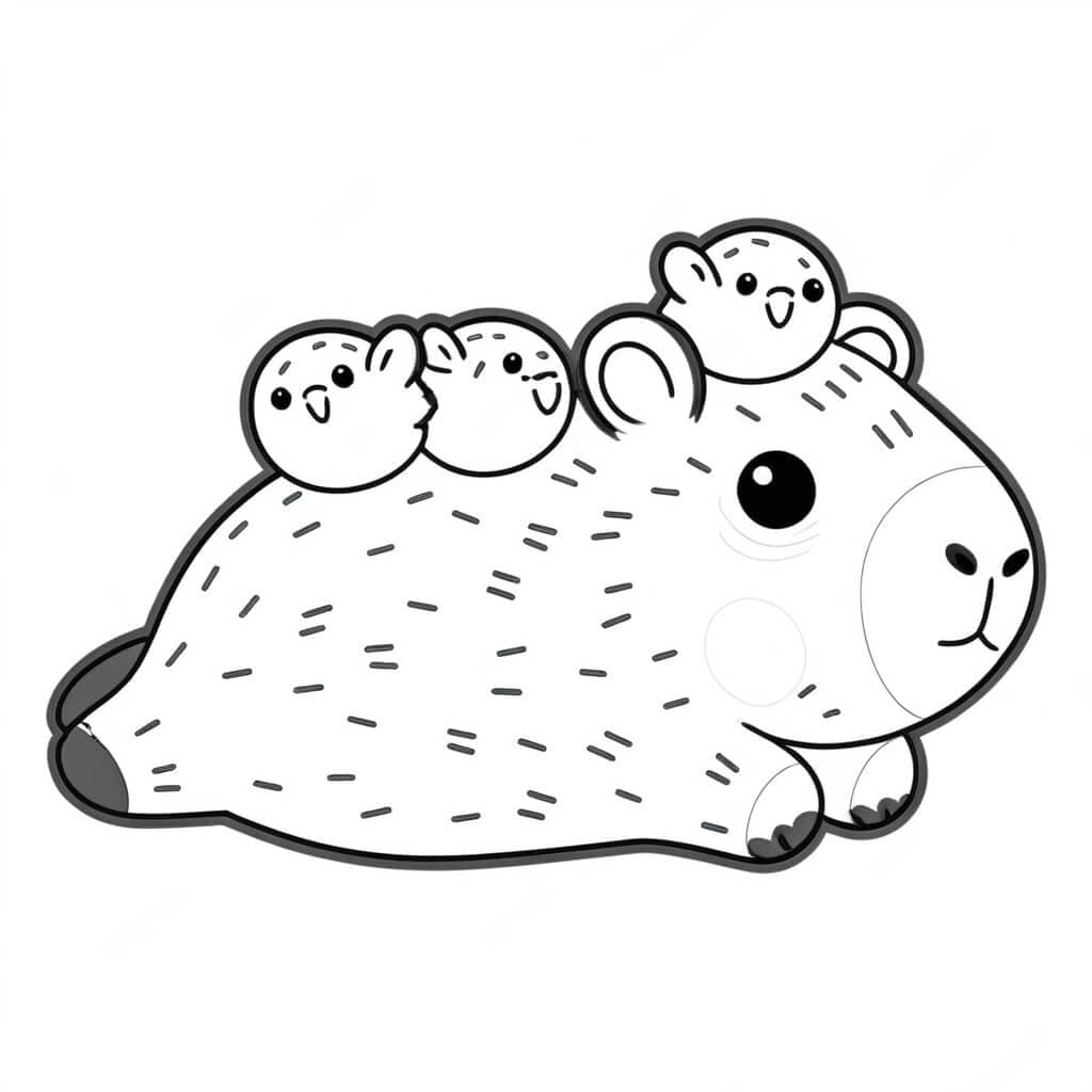 Niedliches liegendes Capybara mit drei kleinen Freunden auf dem Rücken