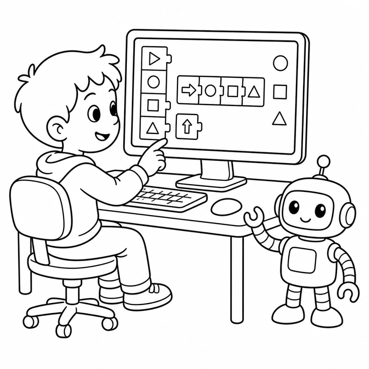 Kind programmiert mit Roboter Ausmalbild