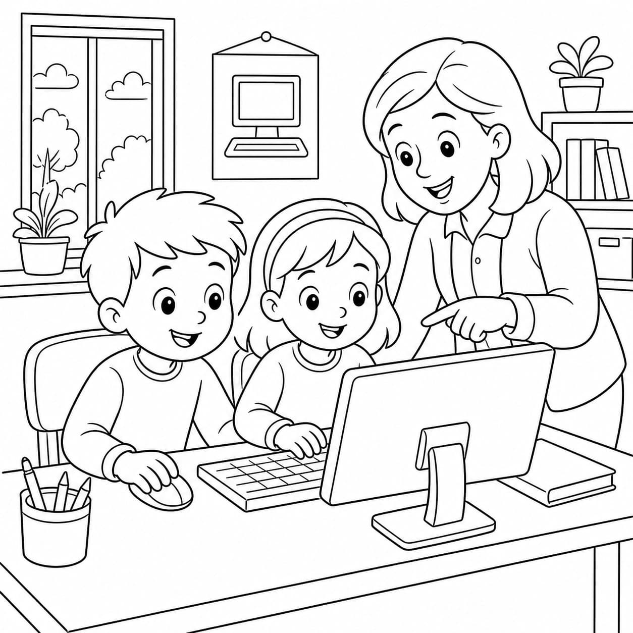 Kinder im Computerunterricht Ausmalbild