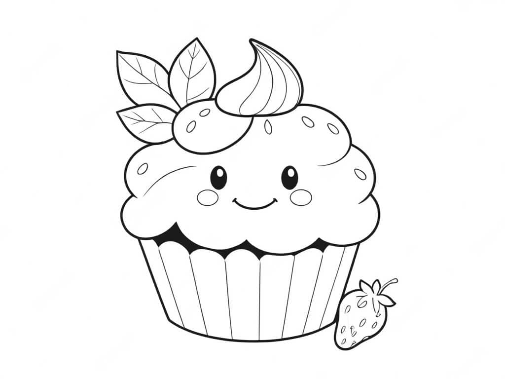 Glücklicher Erdbeer-Cupcake Ausmalbild