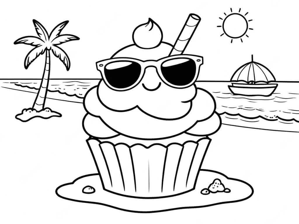 Strand-Cupcake mit Sonnenbrille Ausmalbild