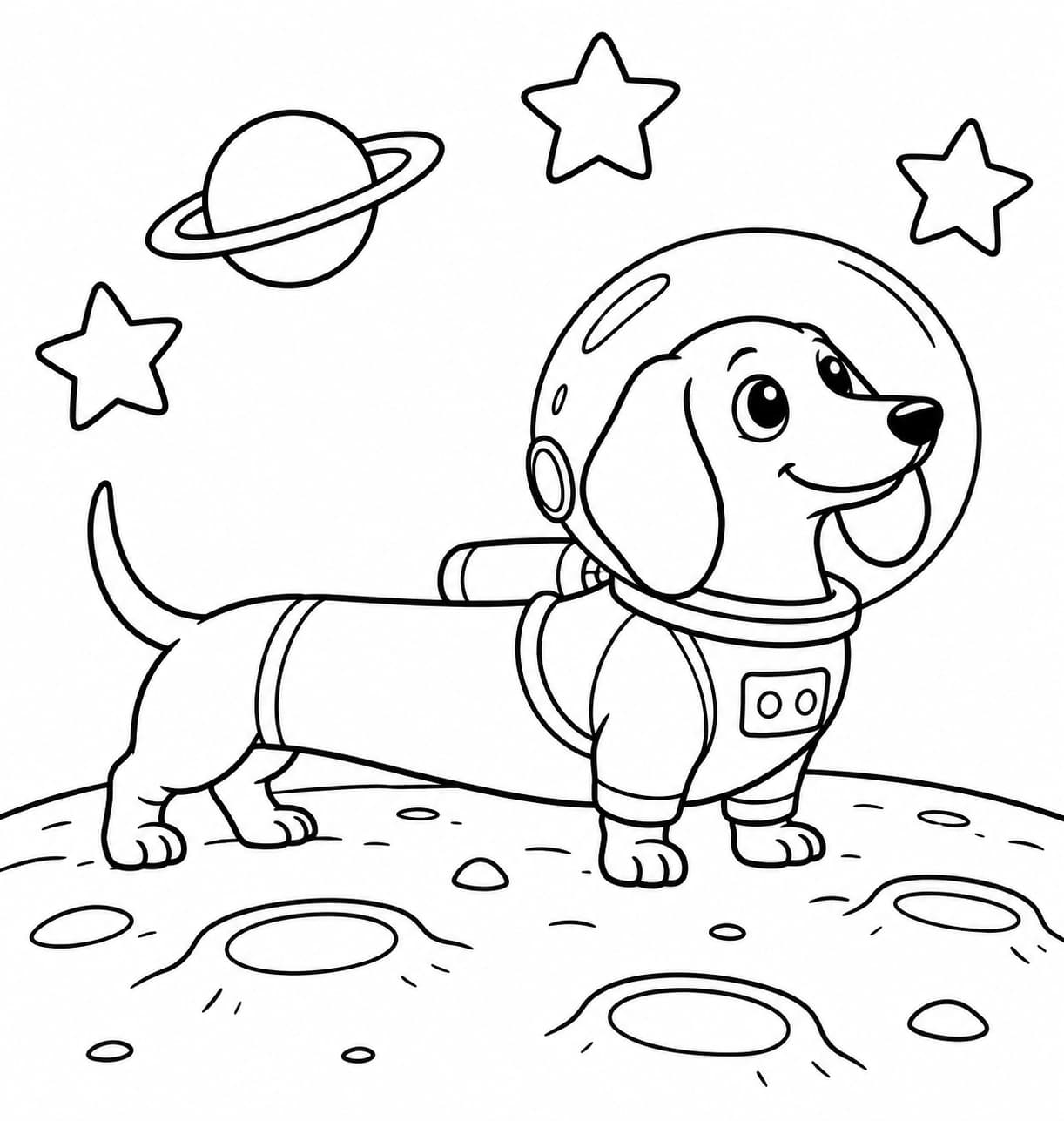 Dackel als Astronaut – kostenlose Dackel-Malvorlage zum Ausdrucken