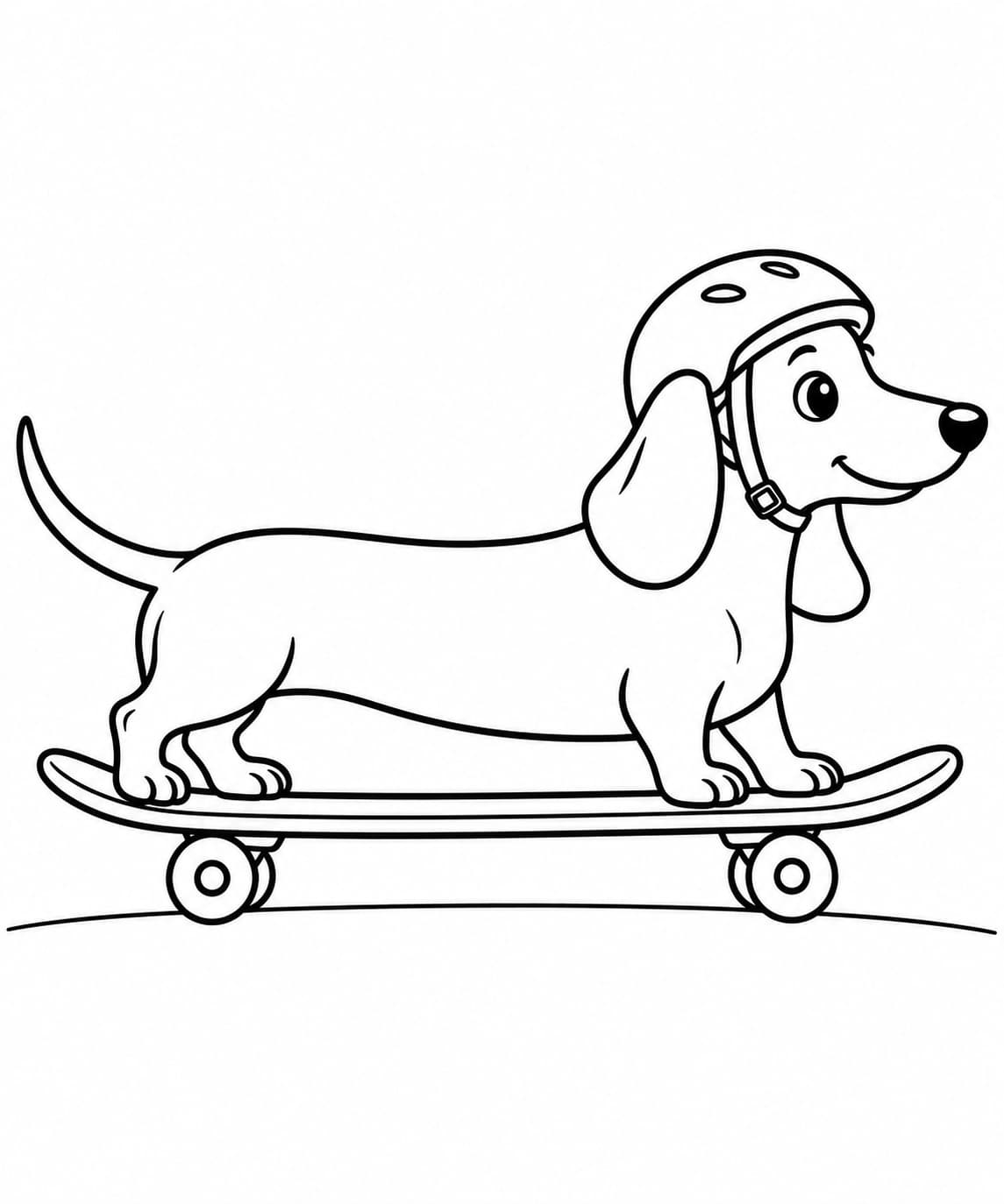 Dackel auf dem Skateboard – kostenlose Dackel-Malvorlage zum Ausdrucken