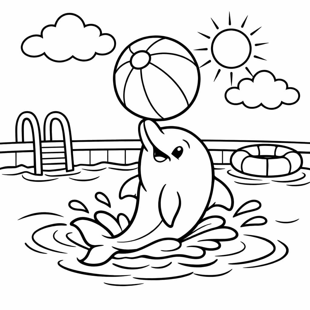 Delfin mit Ball im Pool Ausmalbild