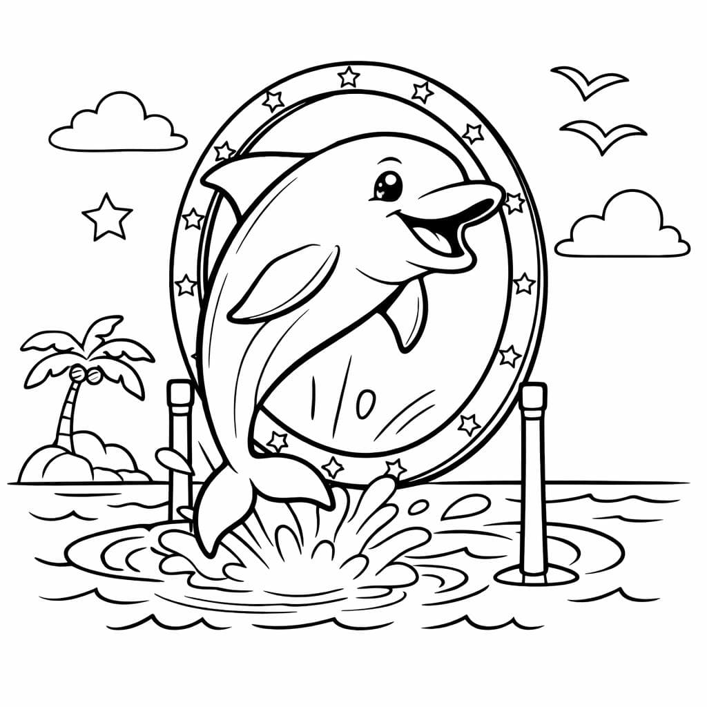 Delfin springt durch Reifen Ausmalbild