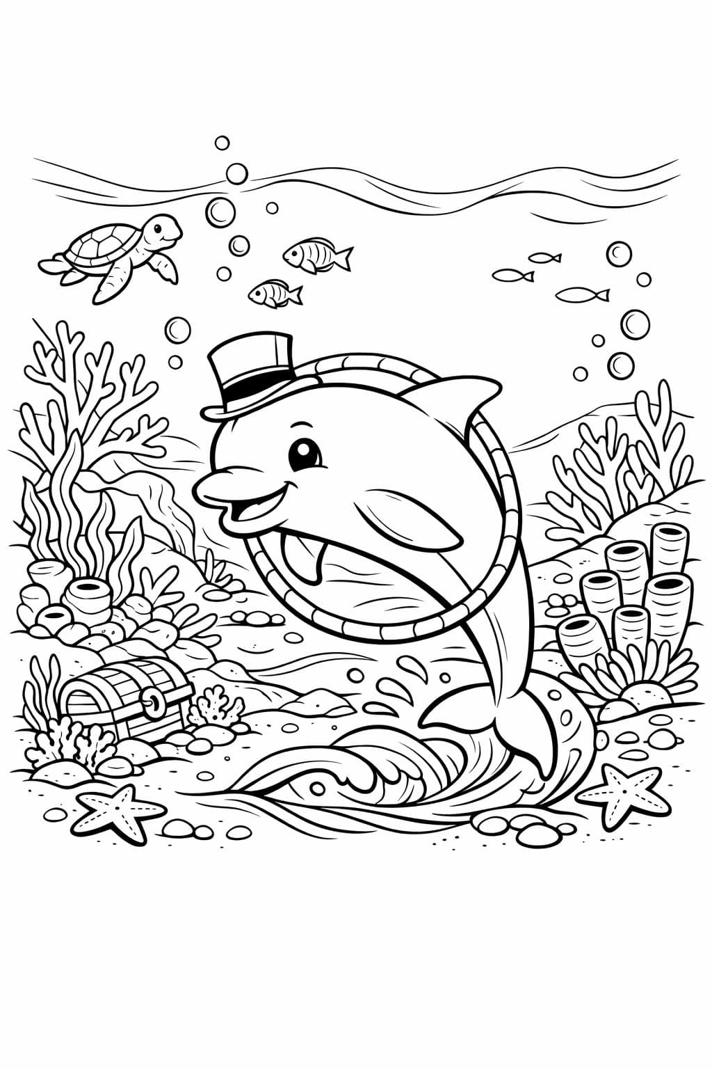 Delfin springt durch Reifen im Riff Ausmalbild