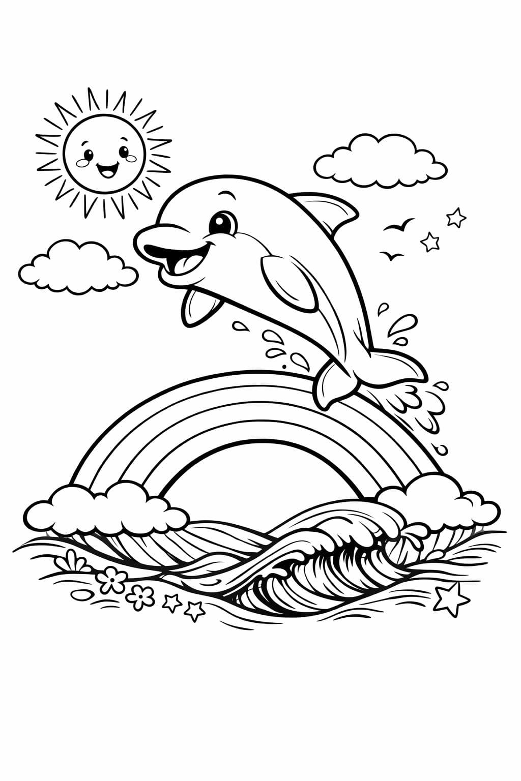 Delfin springt über Regenbogen Ausmalbild