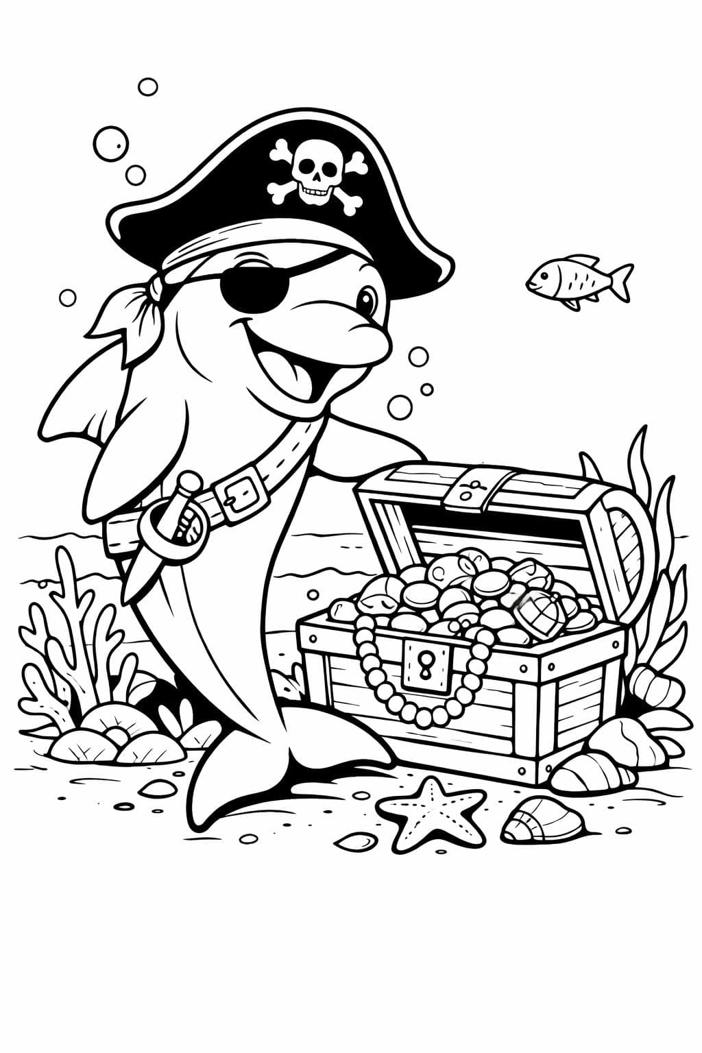 Piraten-Delfin mit Schatztruhe Ausmalbild