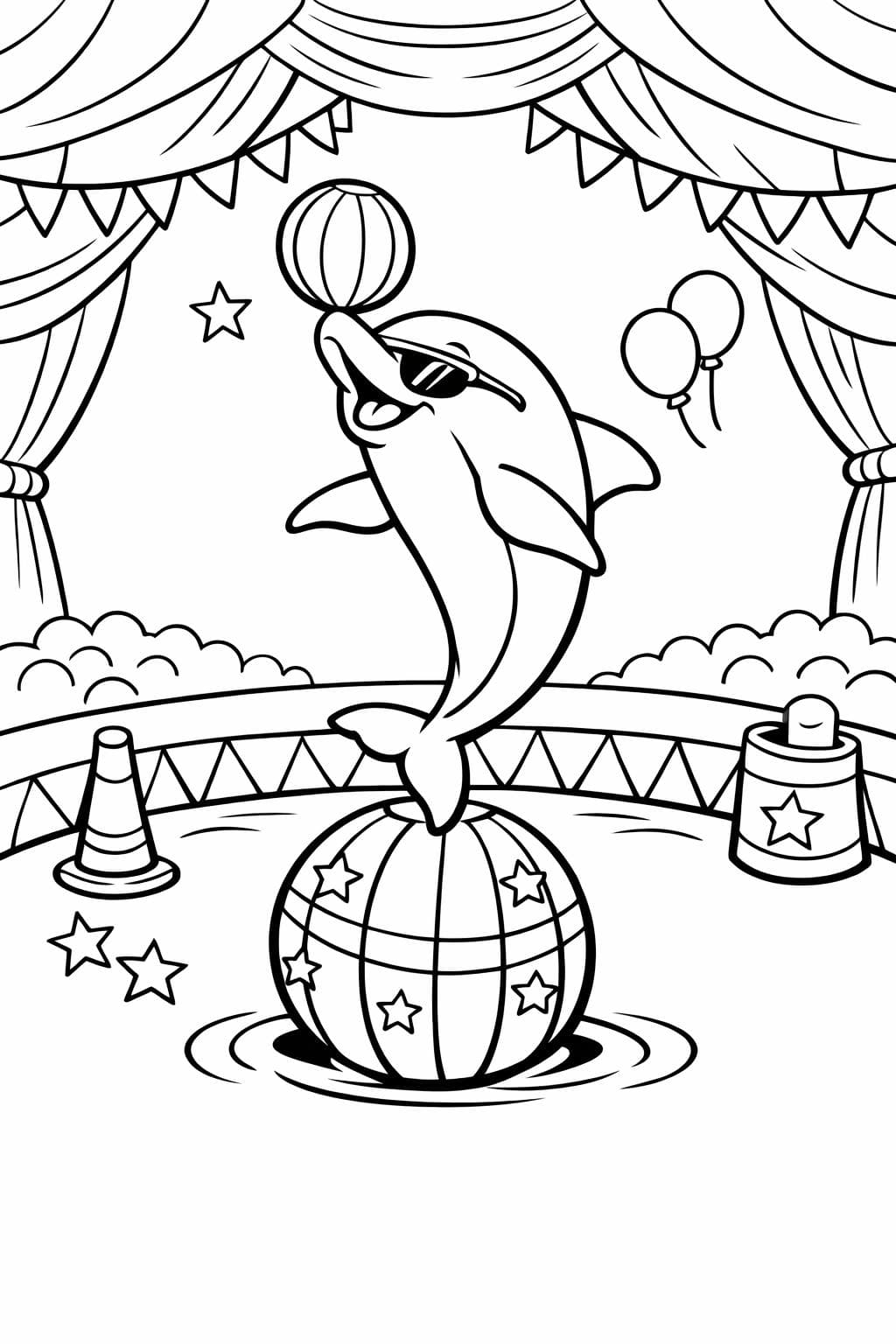 Zirkus-Delfin mit Ball Ausmalbild