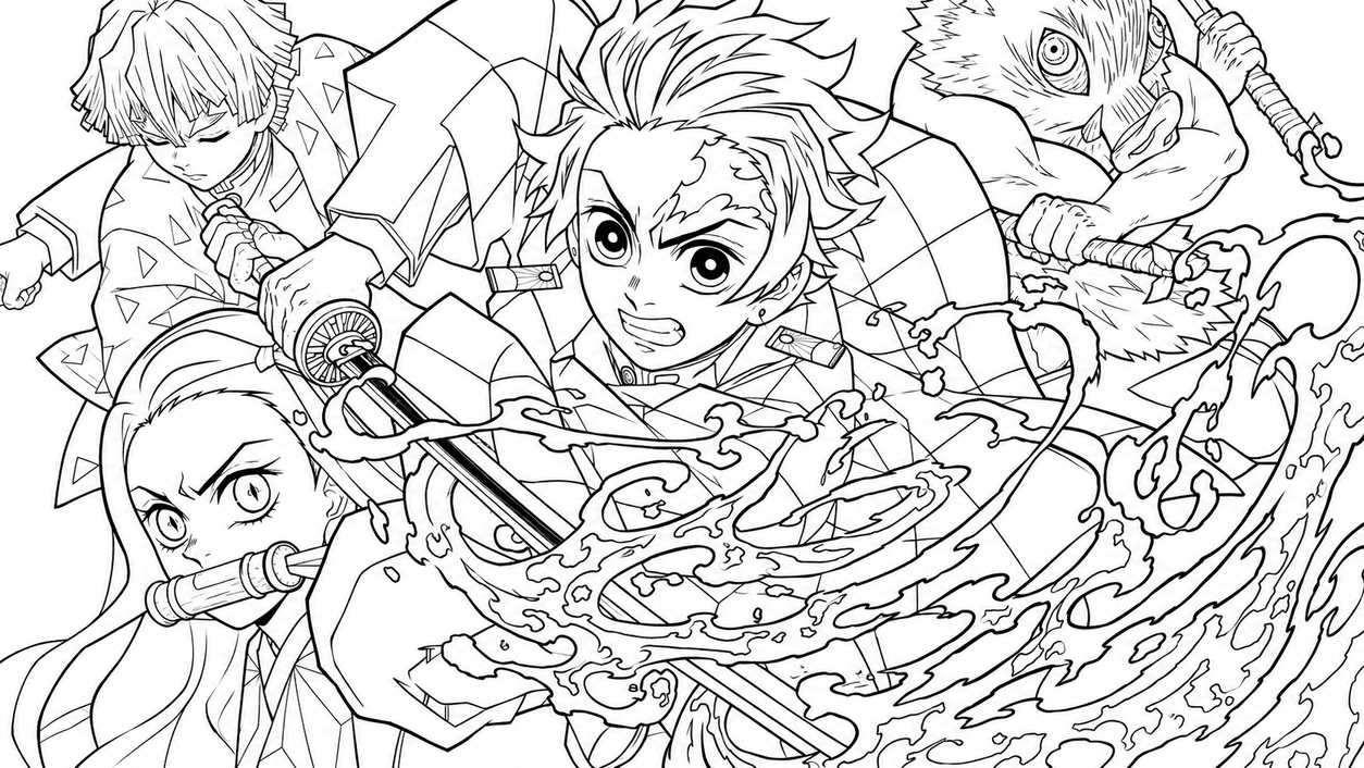 Demon Slayer Charaktere in Aktion Ausmalbild