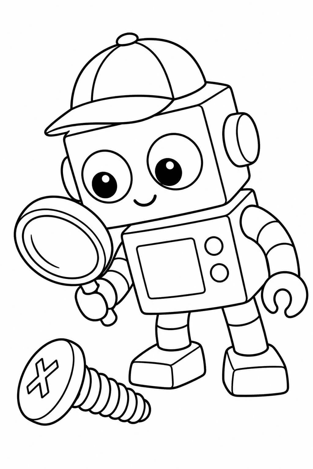 Roboter als Detektiv – Ausmalbild in Schwarz-Weiß
