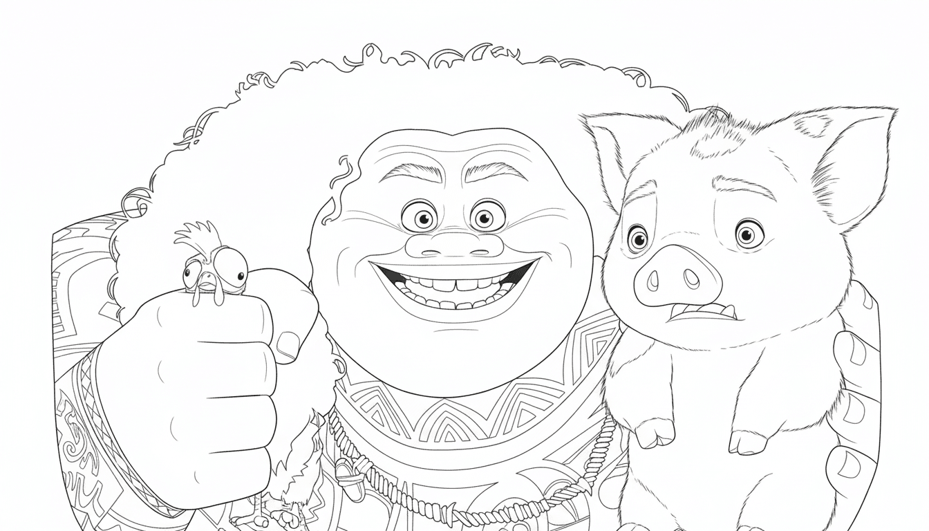 Maui, Pua und Heihei Ausmalbild