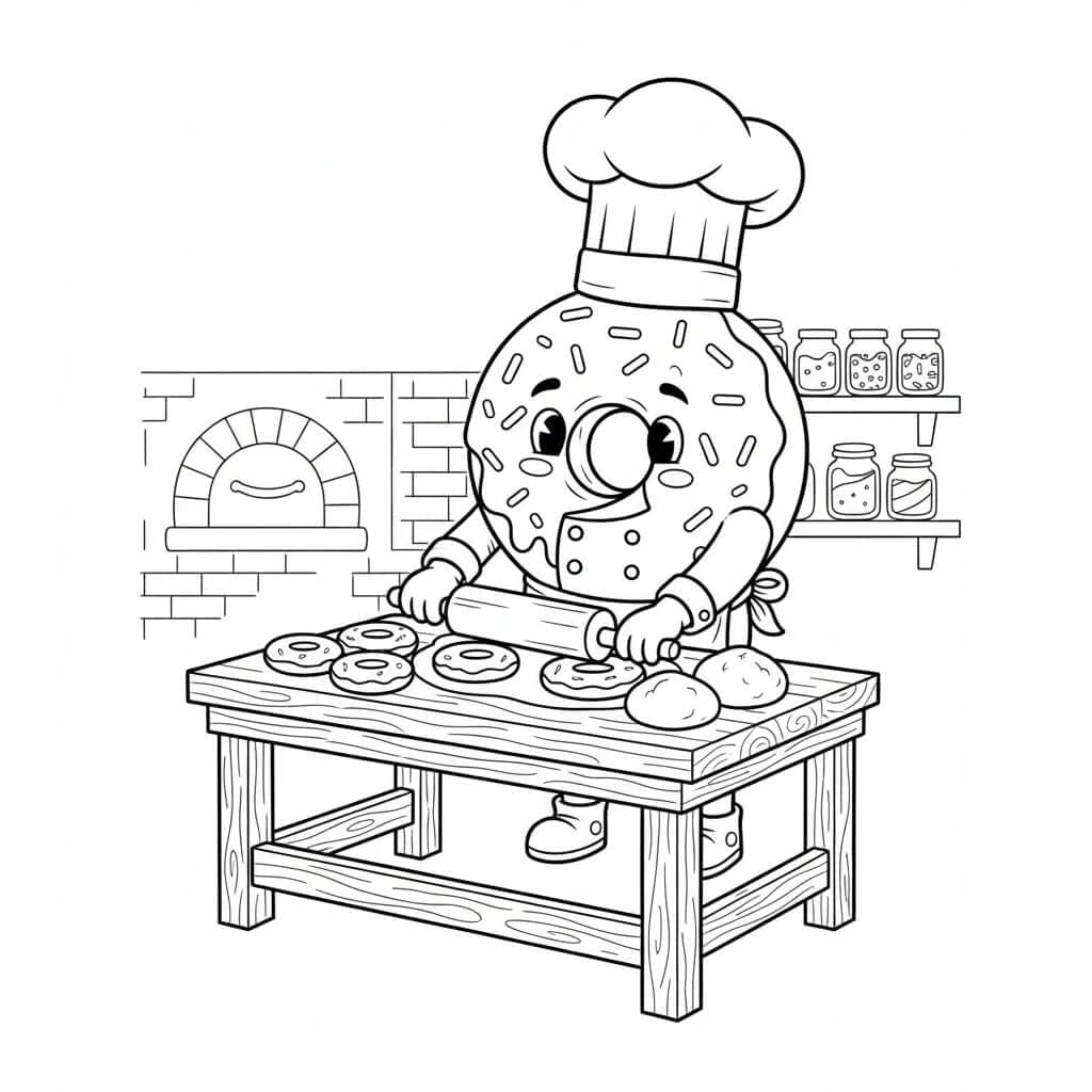 Donut-Koch backt Donuts Ausmalbild