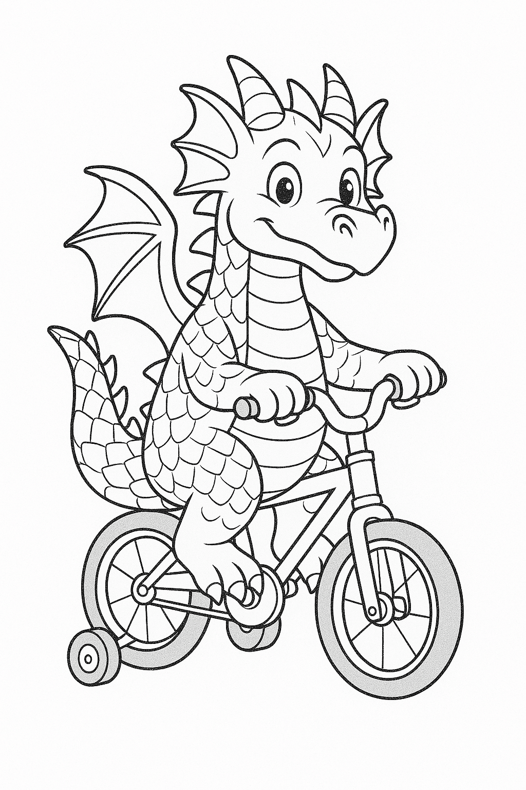 Drache auf dem Fahrrad zum Ausmalen