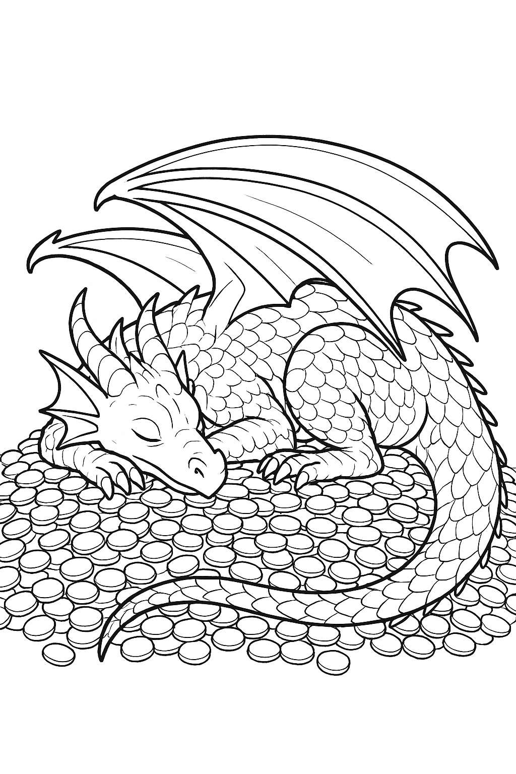 Drache schläft auf Münzen zum Ausmalen