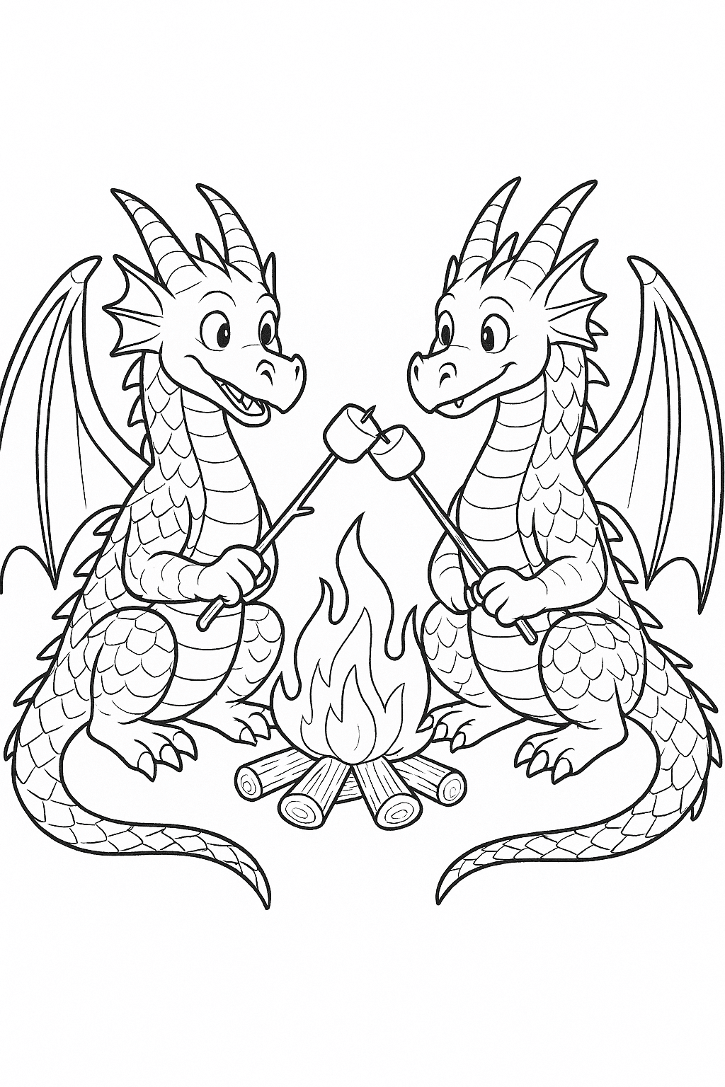 Drachen-Freunde mit Marshmallows zum Ausmalen