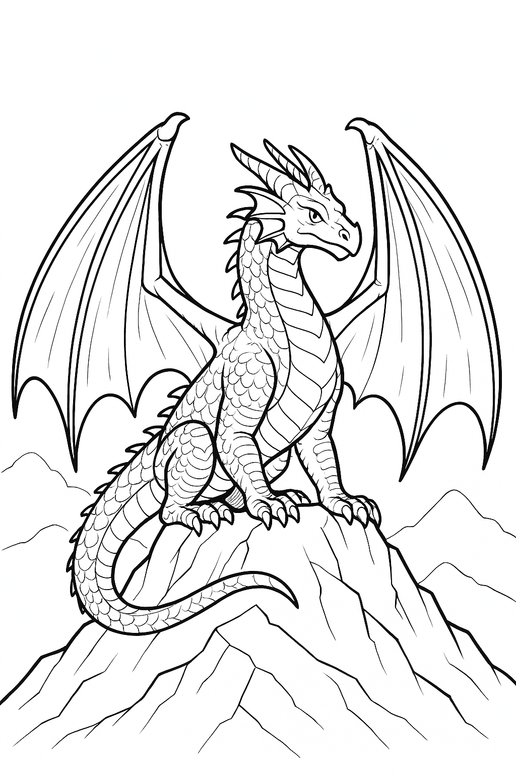 Großer Drache auf dem Berg zum Ausmalen