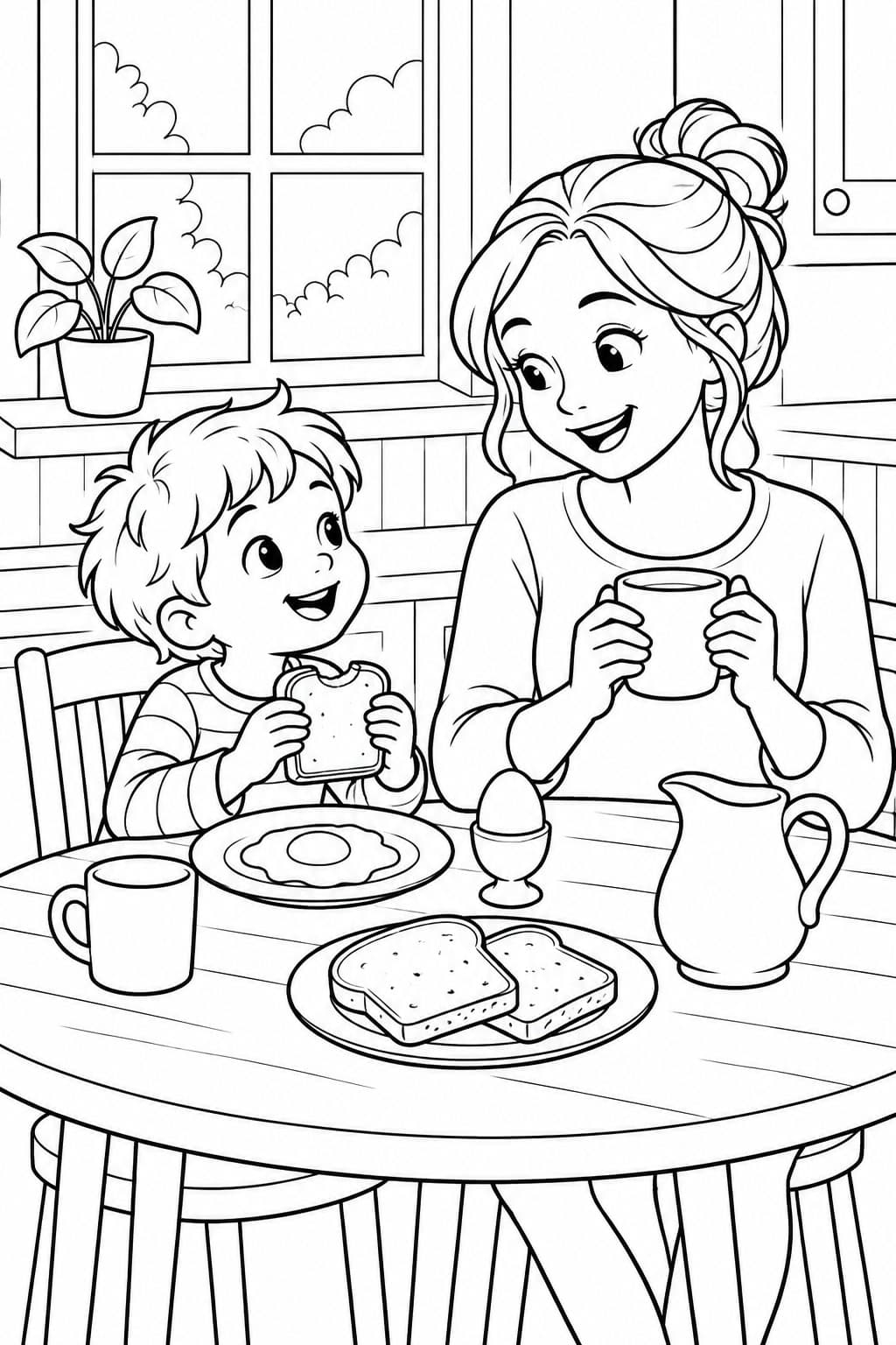 Mutter und Kind beim Frühstück mit Eiern Ausmalbild