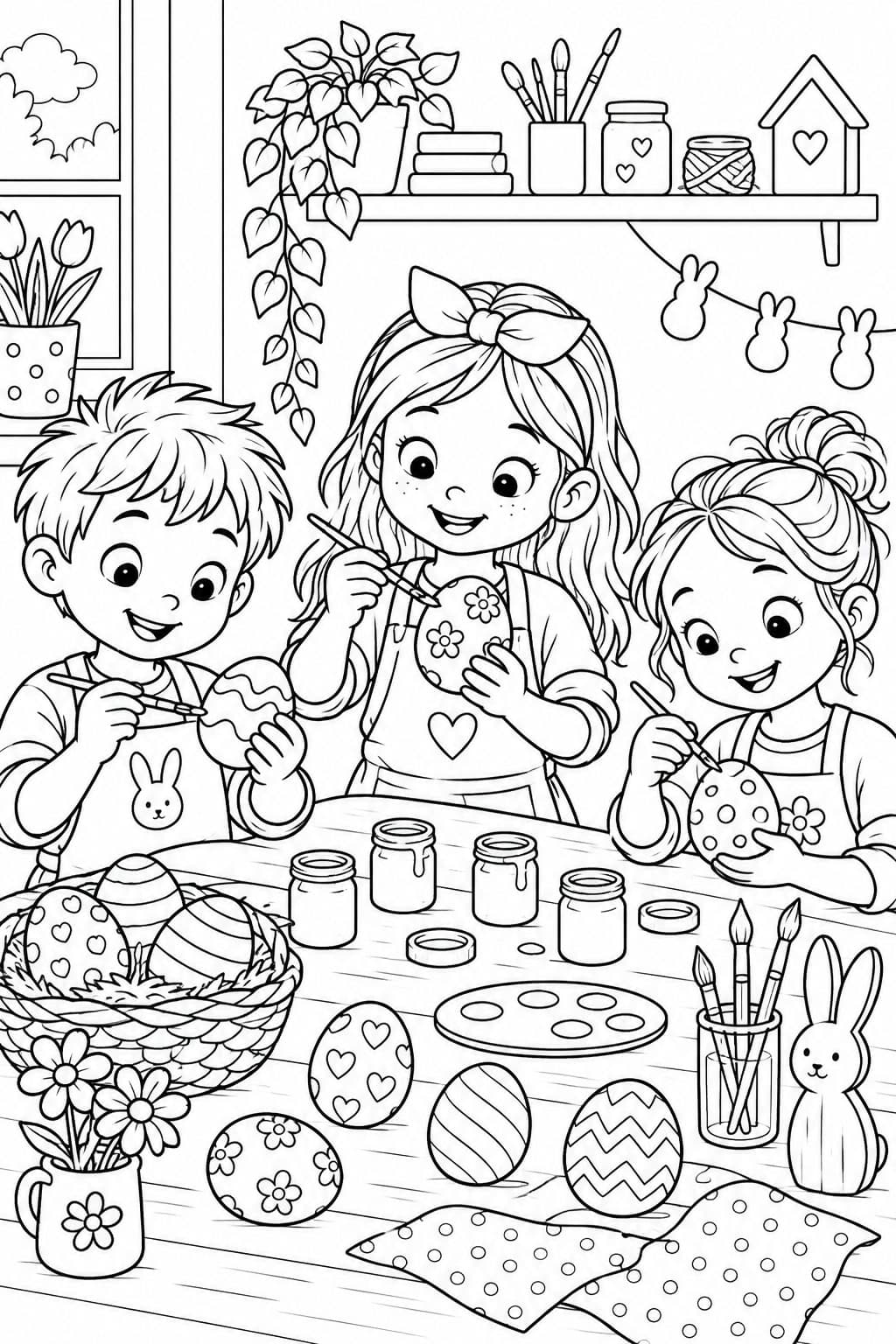 Kinder bemalen Eier in einer kreativen Werkstatt Ausmalbild