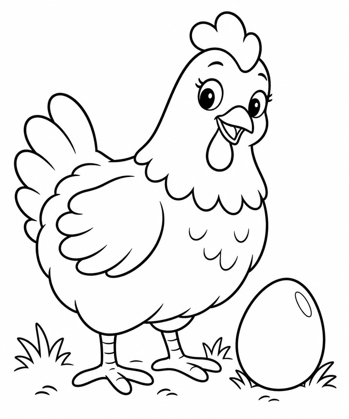 Freundliches Huhn neben einem Ei Ausmalbild
