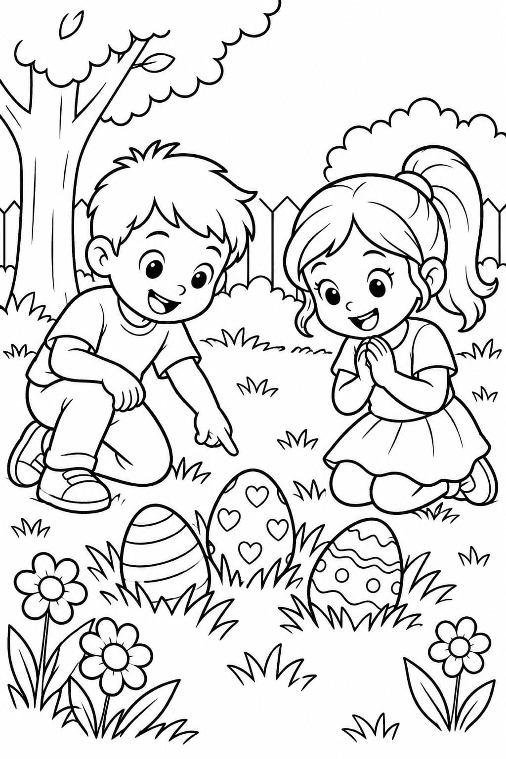 Kinder bei der Ostereiersuche im Garten Ausmalbild