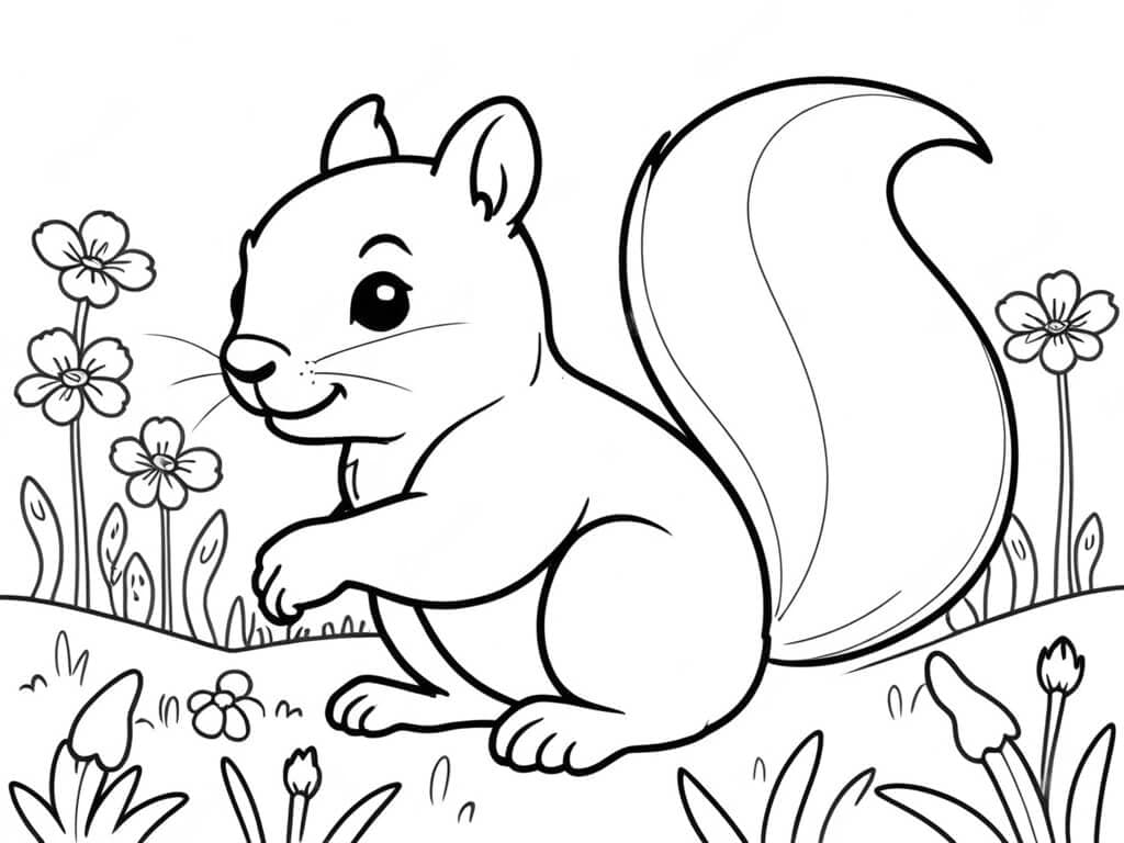 Eichhörnchen auf einer Blumenwiese Ausmalbild