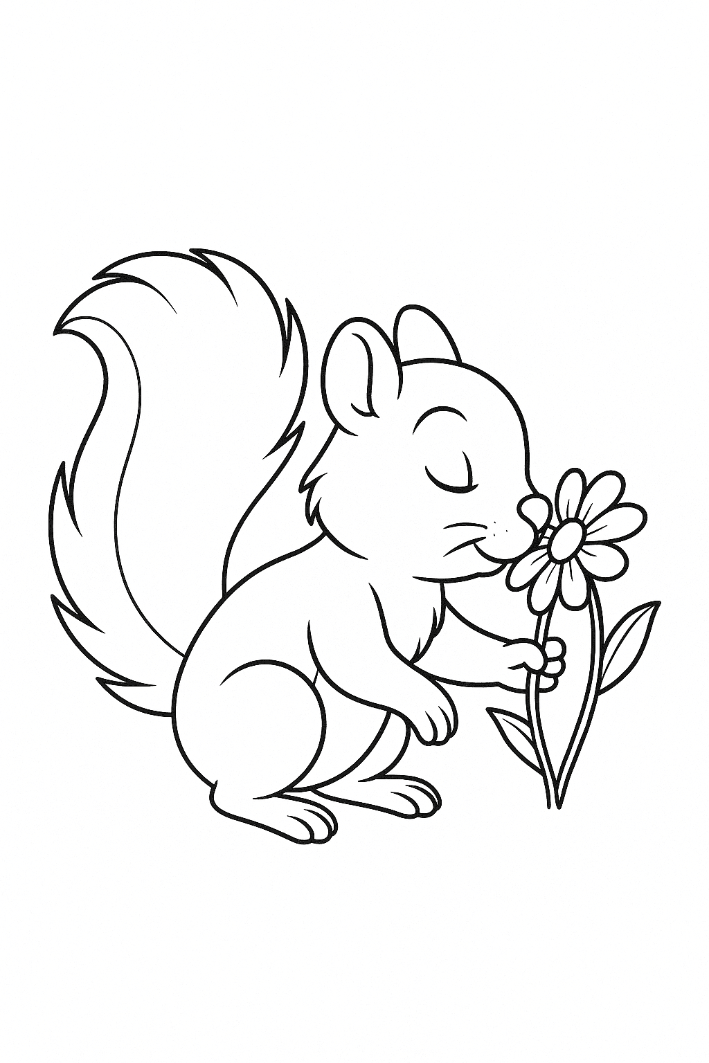 Eichhörnchen riecht an einer Blume Ausmalbild