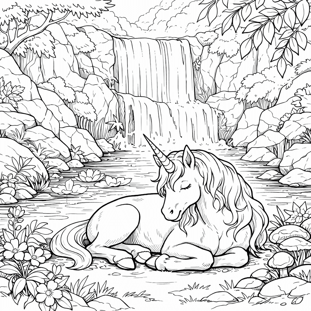 Einhorn am Wasserfall Ausmalbild
