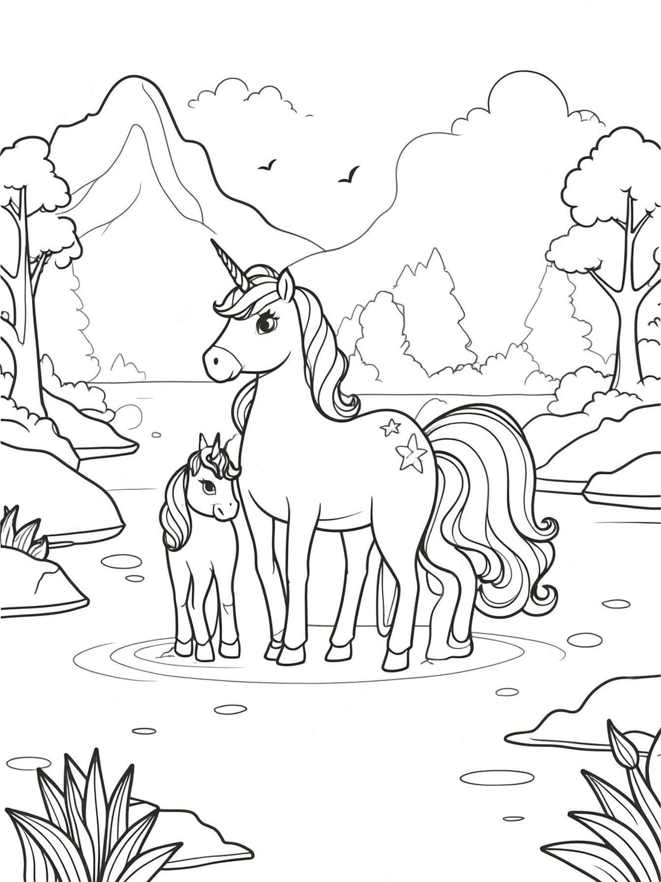 Einhorn-Familie am See Ausmalbild