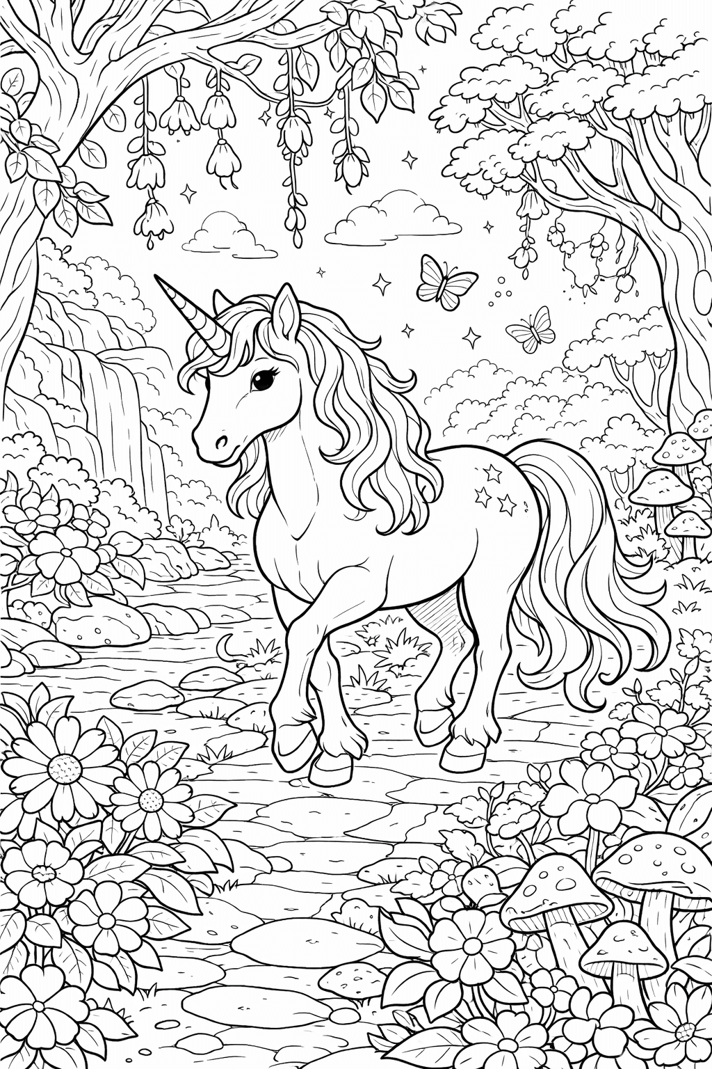 Einhorn im verzauberten Wald Ausmalbild