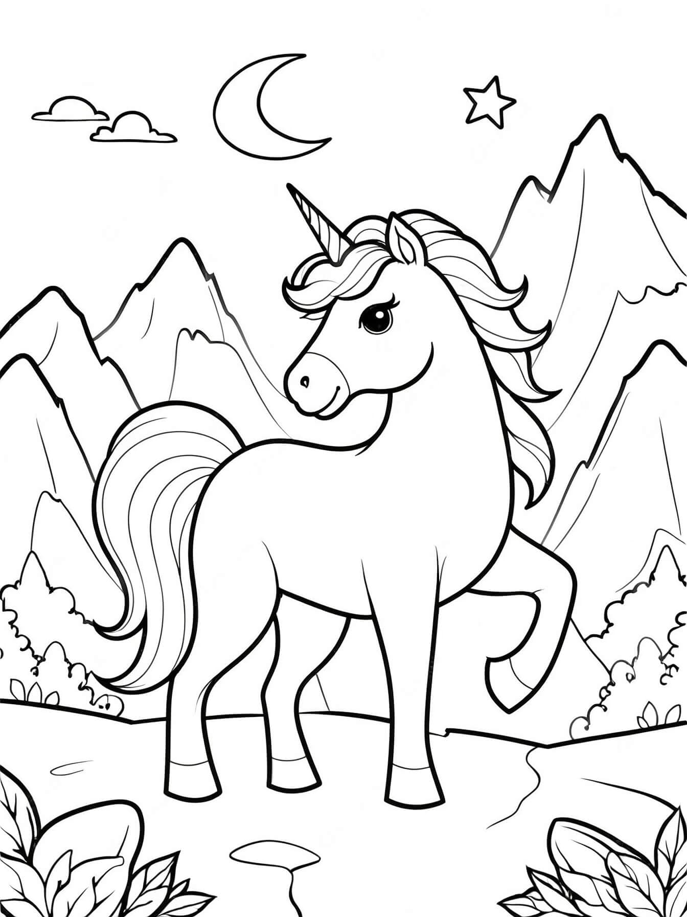 Einhorn in den Bergen Ausmalbild