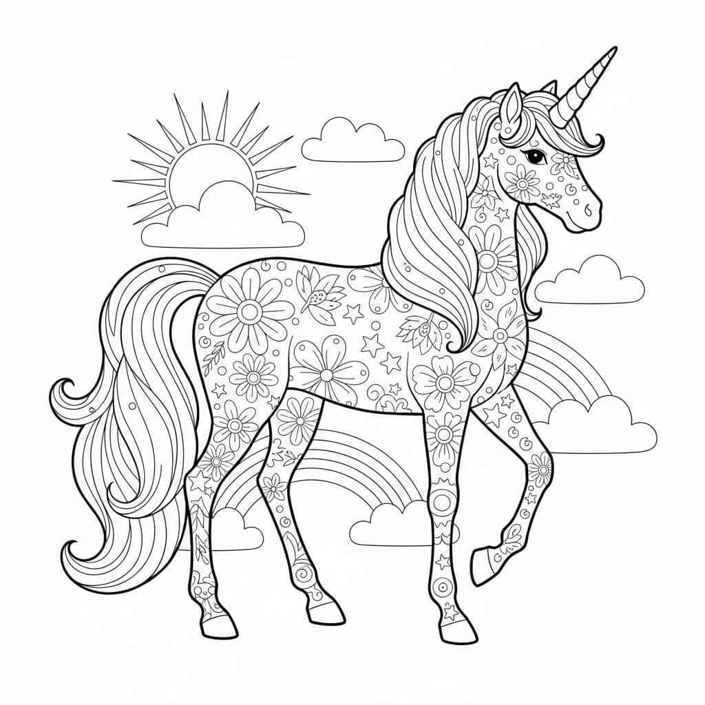 Einhorn mit Blumen Ausmalbild