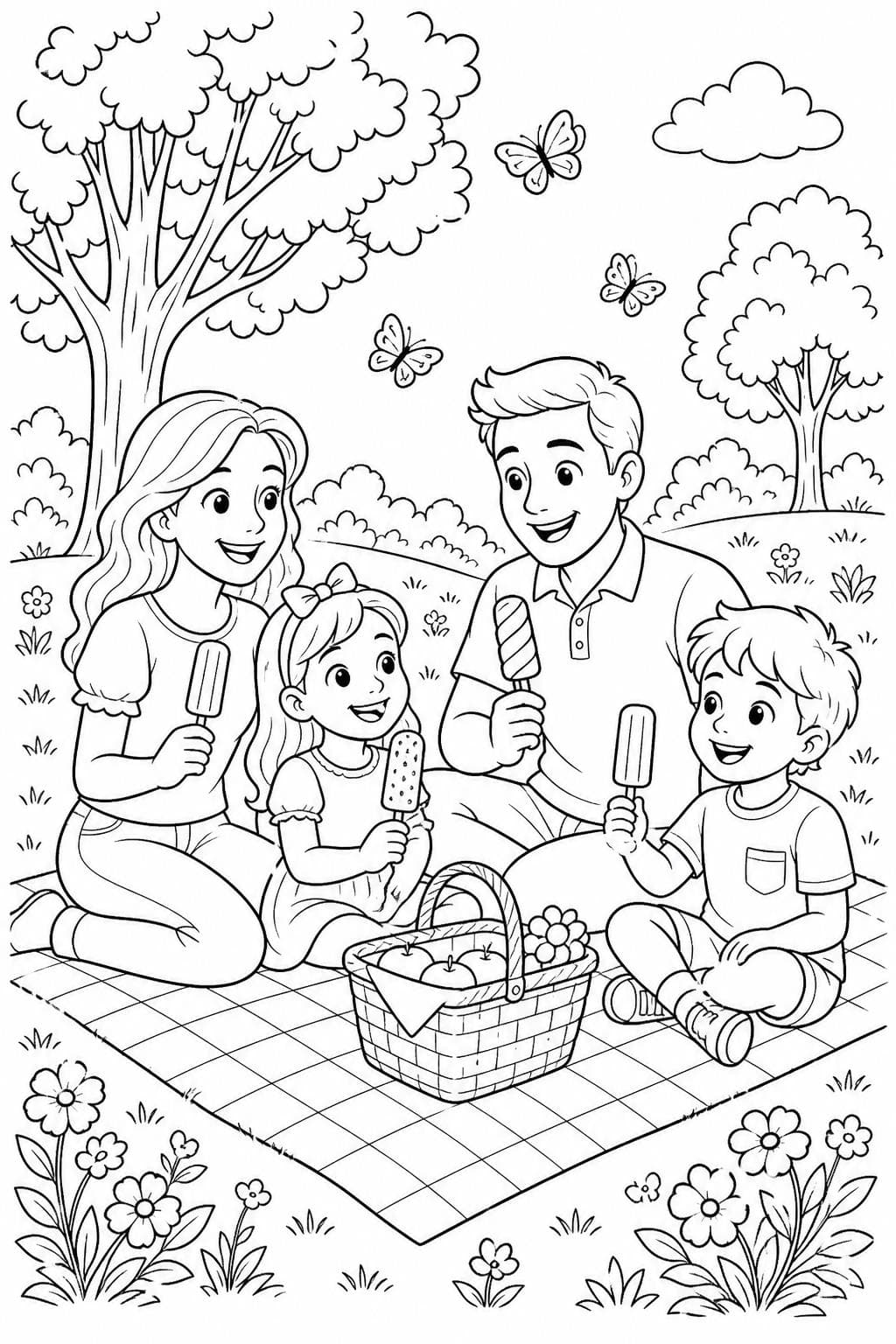 Familie beim Eis Picknick Ausmalbild