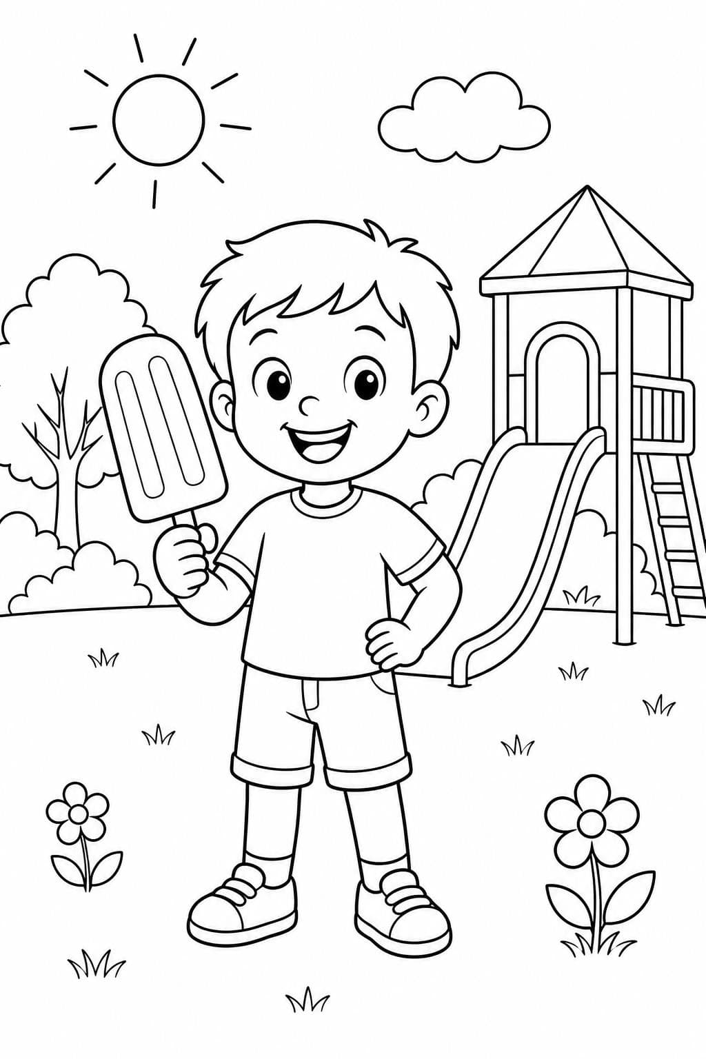Kind mit Eis am Stiel auf dem Spielplatz Ausmalbild