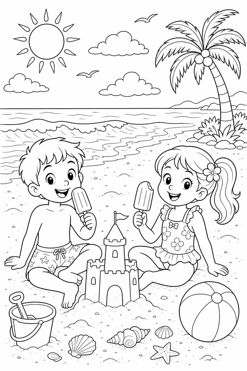 Kinder mit Eis am Stiel am Strand Ausmalbild