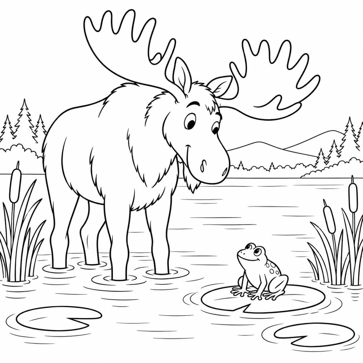 Elch mit Frosch am See Ausmalbild