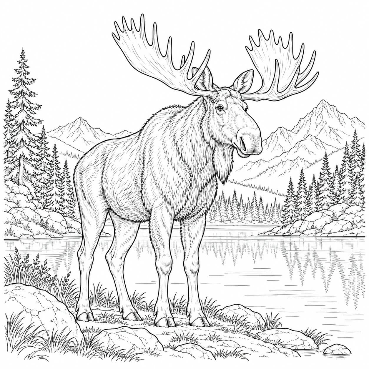 Realistischer Elch am Bergsee Ausmalbild