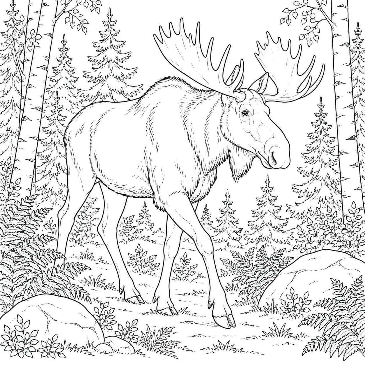 Realistischer Elch im Wald Ausmalbild