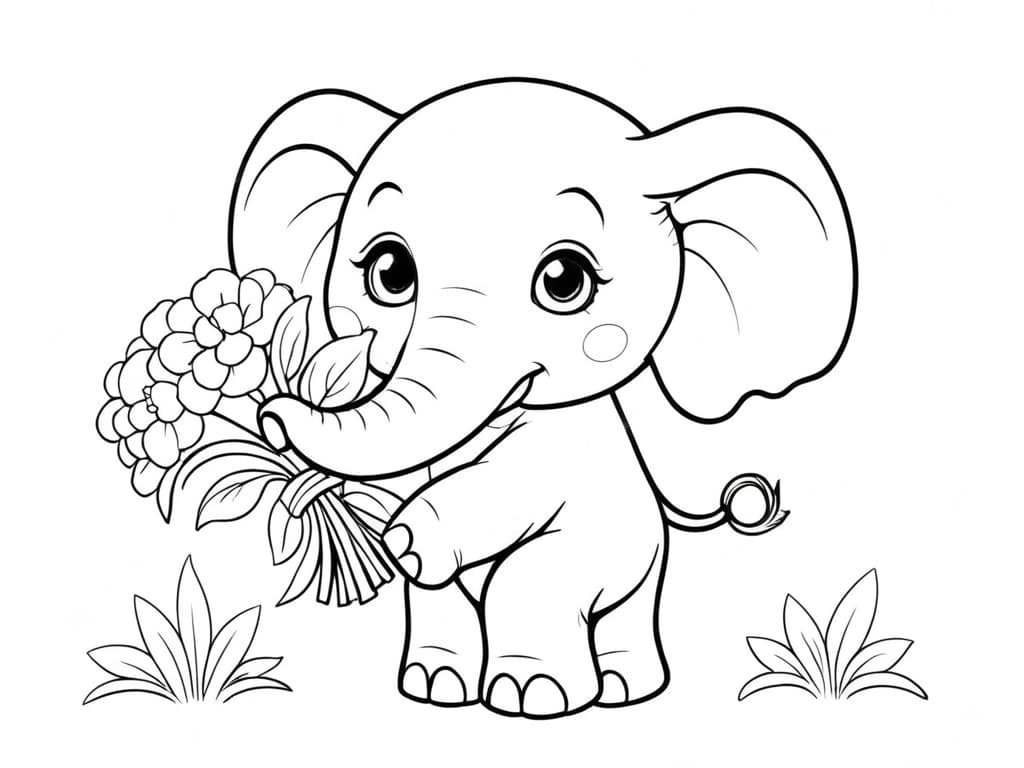 Elefant mit Blumenstrauß Ausmalbild