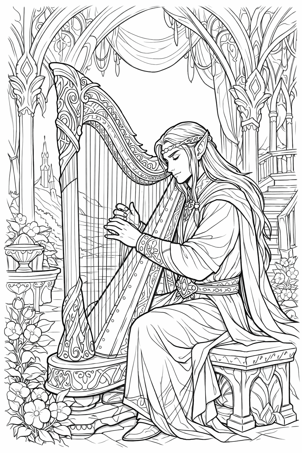 Elf spielt Harfe Ausmalbild